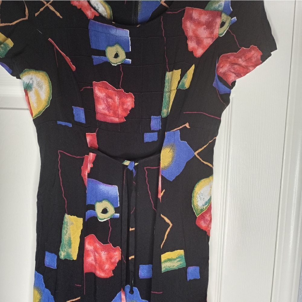 J.D. Stone 12 Black Multicolor Belt ShrtSlves SlitSides Rayon Women's Midi Dress - Picture 3 of 11